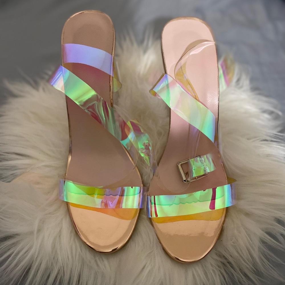Iridescent Open Toe Two Part Chunky Heels